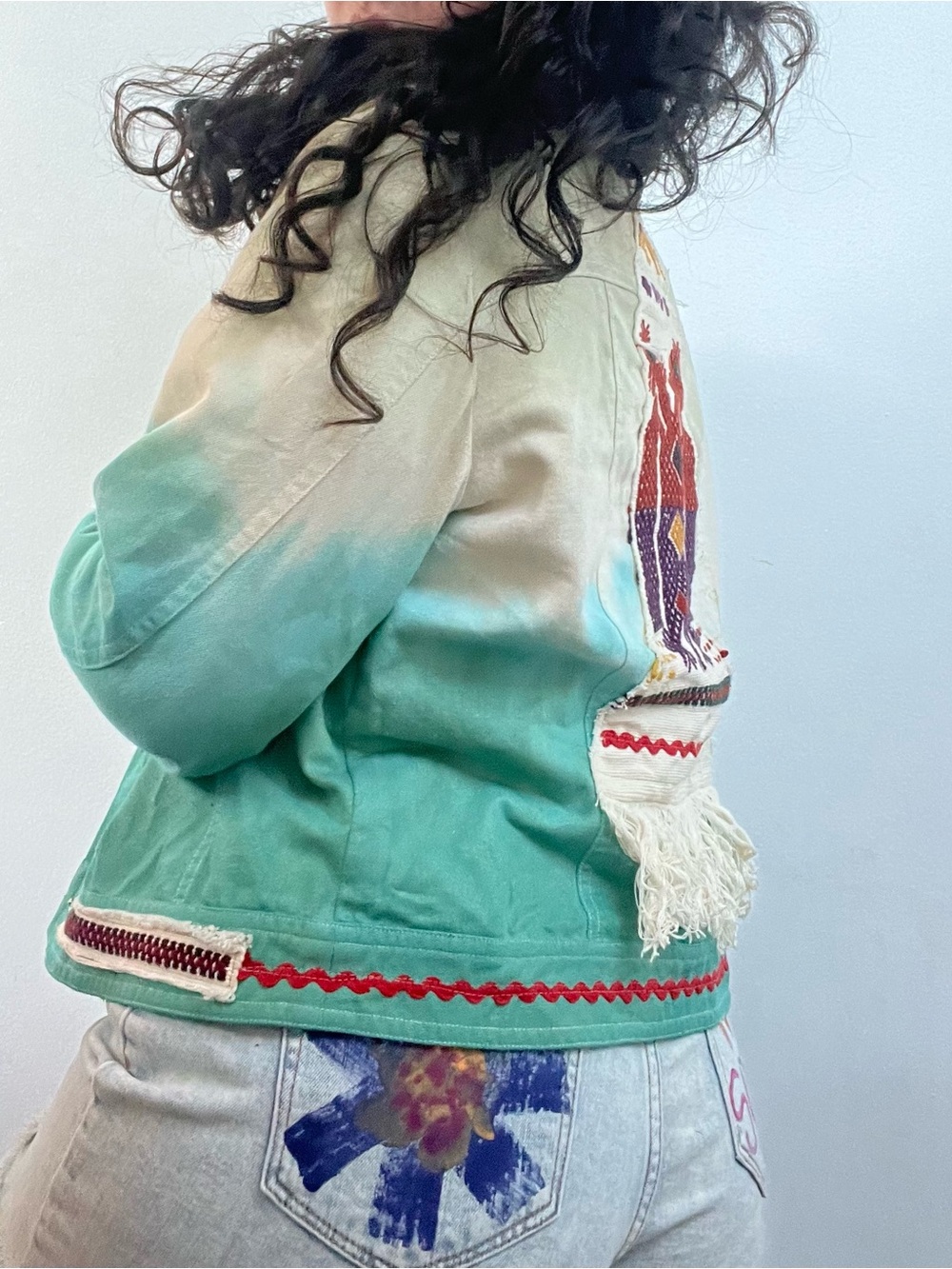 Ombre Teal-Cream Cropped Jean Jacket with Embroidered Accent
